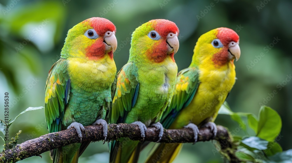 Three vibrant green and red parrots perched on a branch. Three vibrant green and red parrots perched on a branch.