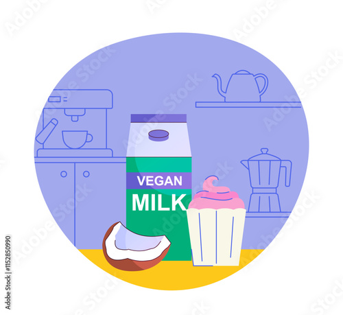 Scene of cooking. Vegan milk, slice of coconut and cupcake. Healthy eating, dessert and delicacy. Culinary and food preparation. Flat vector illustration