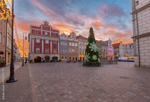 A festively decorated Christmas tree in the central square of Poznan.