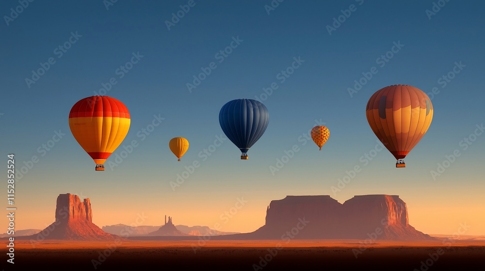Fototapeta premium Balloons float over desert canyons at sunrise.