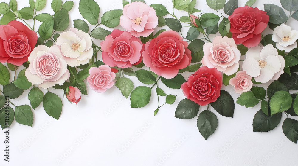 Obraz premium Beautiful paper flowers in various shades of red and pink with green leaves
