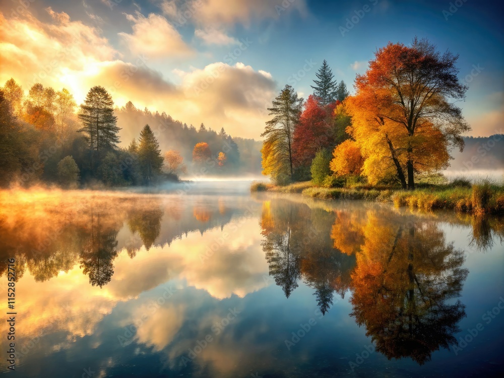 Fototapeta premium Misty sunrise paints a foggy autumn lake, double exposed for ethereal beauty.