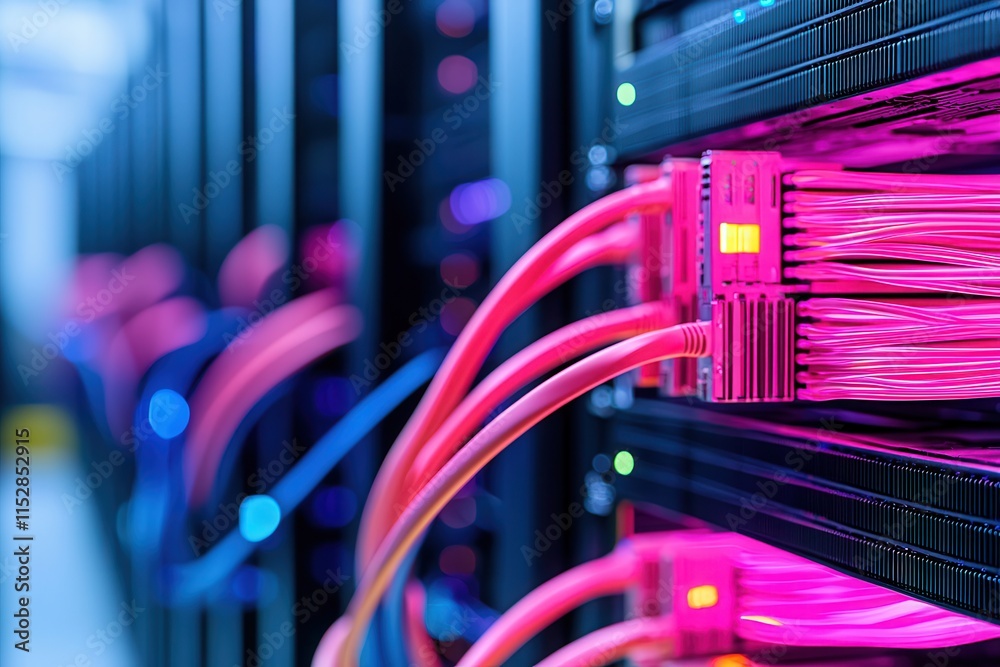 Fototapeta premium Fiber optic networks transmit data via lasers. Data center with colorful cables and servers in focus.