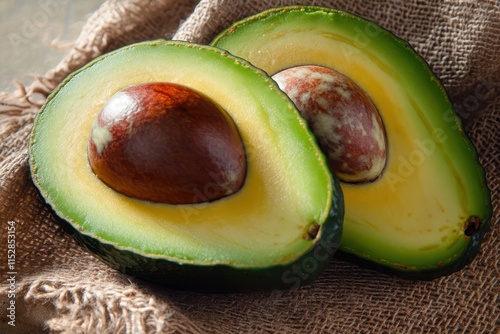 Two halved avocados on burlap. photo