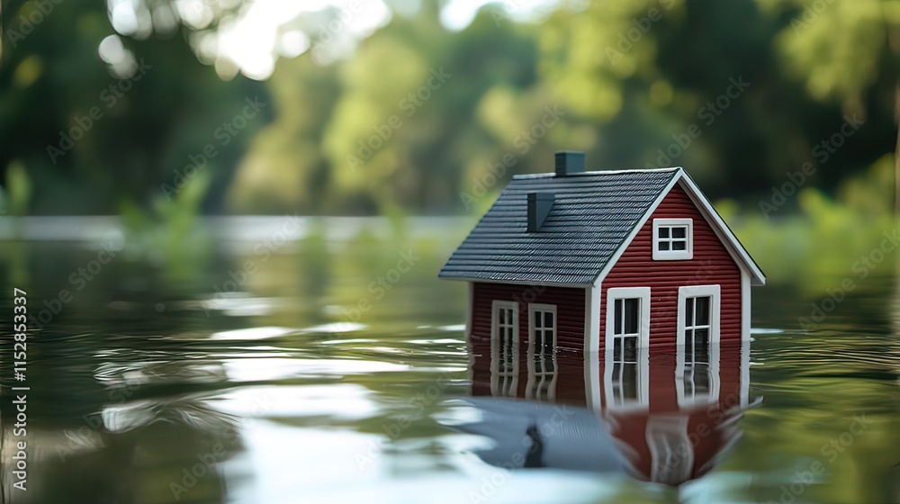 Small red house model floats in floodwater, reflecting in calm water with blurred green background. Small red house model floats in floodwater, reflecting in calm water with blurred green background.