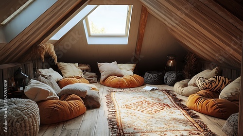A room with a tan carpet and tan pillows