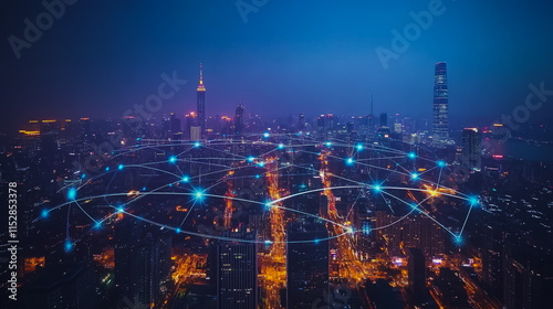 Wallpaper Mural Smart digital city with connection cyber security network reciprocity over the cityscape . future smart wireless digital city and social media networking systems that connects people within the city Torontodigital.ca