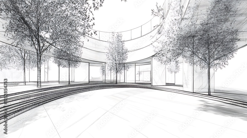 Fototapeta premium Serene Sketch: Architectural Design Illustration of a Curving Courtyard with Trees. AI Generated