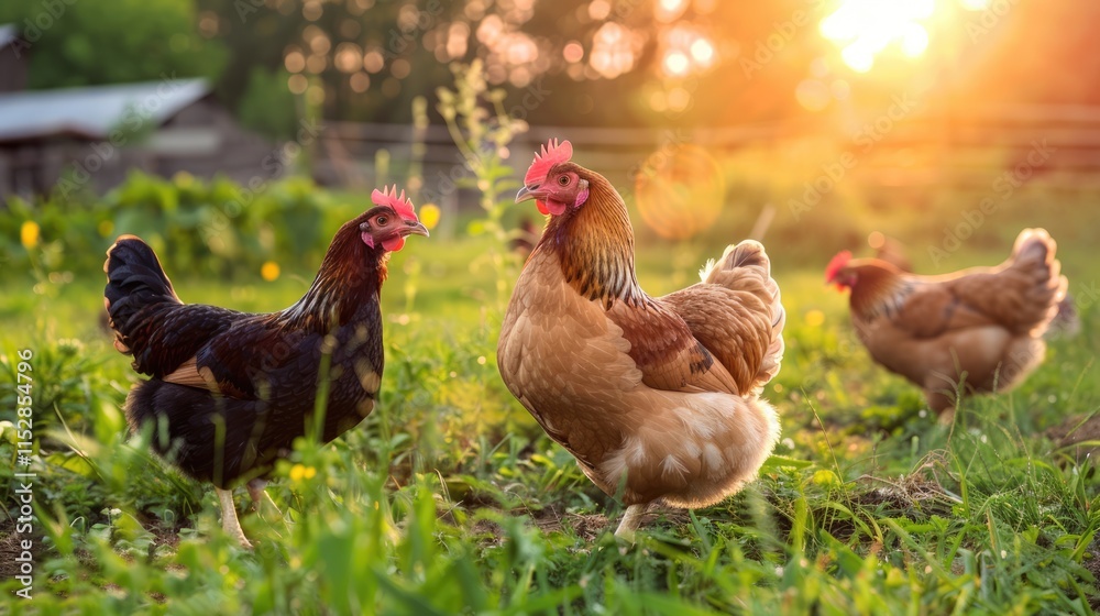 Fototapeta premium Three Hens in a Meadow at Sunset