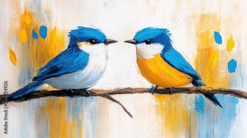 Blue Birds on Spring Branch - Acrylic Painting with Textured Canvas Background for Mobile Devices photo