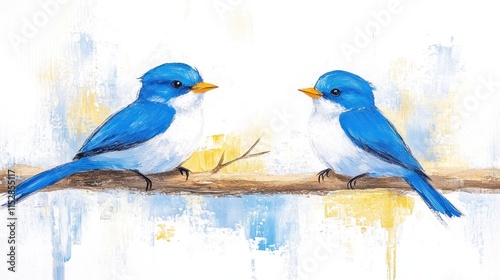 Blue Birds on Spring Branch - Acrylic Painting with Textured Canvas Background for Mobile Devices photo