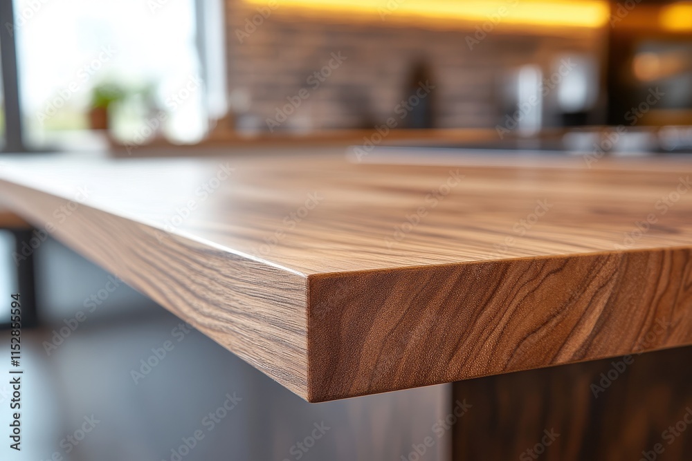 Close-up of a sleek, modern kitchen countertop made of rich, dark wood. Close-up of a sleek, modern kitchen countertop made of rich, dark wood.