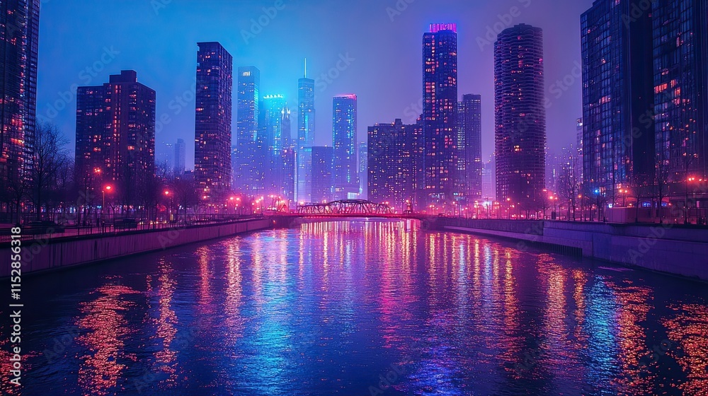 Fototapeta premium A glowing city skyline at night with neon lights reflecting on the water. 