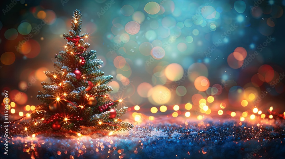 A Decorated Christmas Tree in a Festive, Snowy, Bokeh Setting A Decorated Christmas Tree in a Festive, Snowy, Bokeh Setting