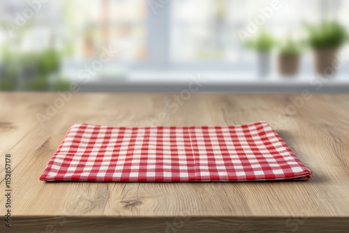 Red checkered tablecloth on wooden table. (2) photo