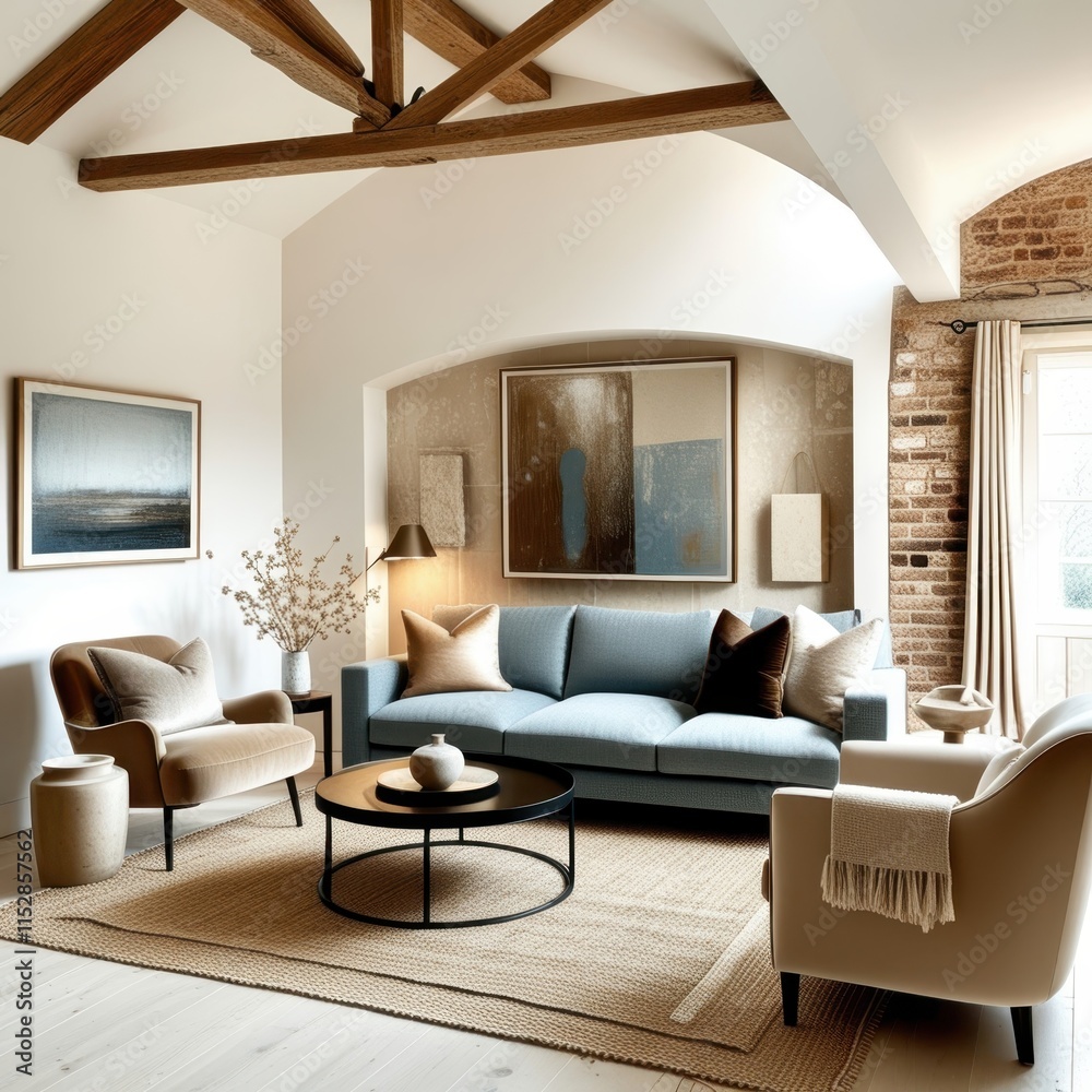 Fototapeta premium Cozy living room, vaulted ceiling with wooden beams, exposed brick wall, arched windows, blue velvet sofa, curved cream armchairs, minimalist coffee table, neutral color palette, natural light, textur