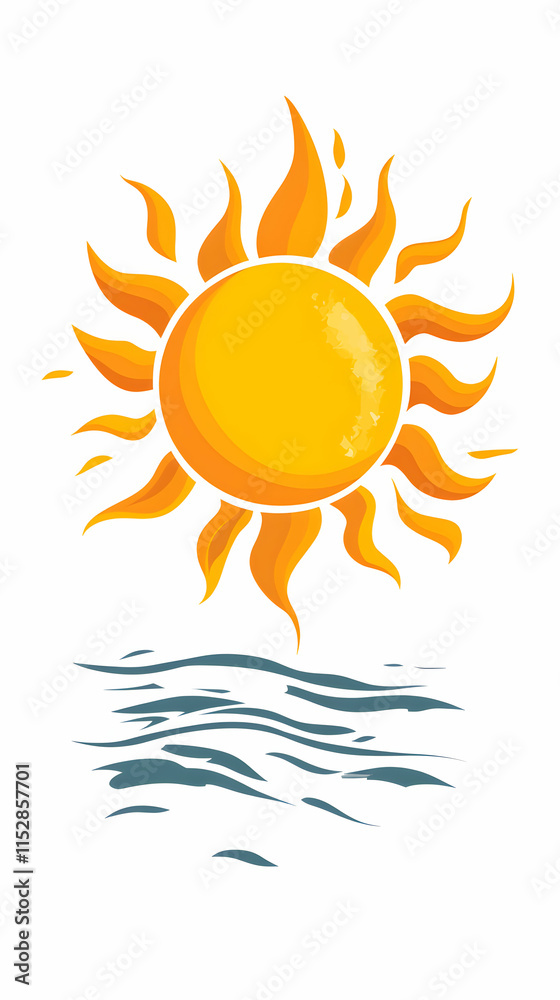 Naklejka premium Summer Sun Over Ocean Waves, A Vibrant Illustration of Sunny Day at Sea, Evoking Feelings of Warmth, Relaxation, and Joyful Escape.
