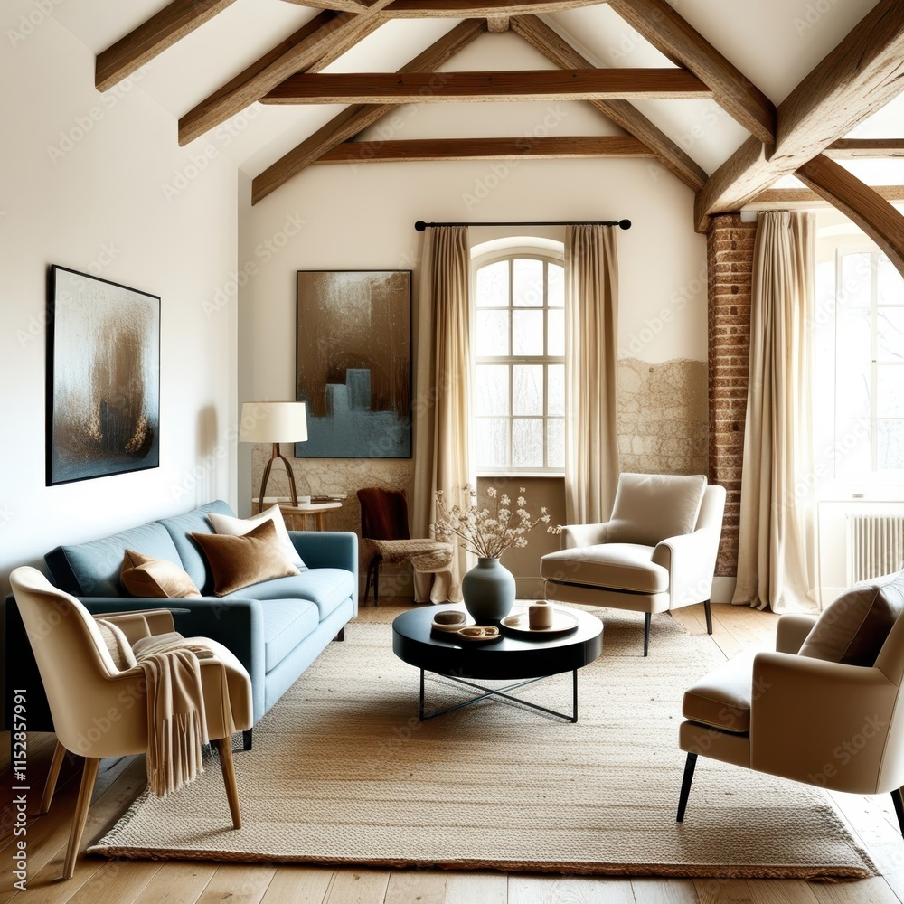 Fototapeta premium Cozy living room, vaulted ceiling with wooden beams, exposed brick wall, arched windows, blue velvet sofa, curved cream armchairs, minimalist coffee table, neutral color palette, natural light, textur