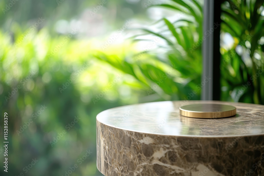 Gold disc on marble table, green background. Gold disc on marble table, green background.