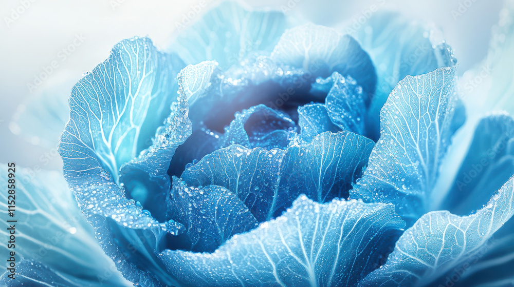 Obraz premium A glowing pastel-blue cabbage, its leaves radiating subtle shades of turquoise and silver highlights, sharp and striking against a seamless white background. Hyperrealism with focus on delicate textur