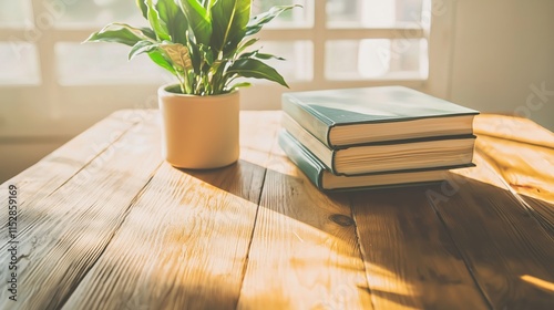 Vibrant Books on Wooden Table with Daylight Shadows