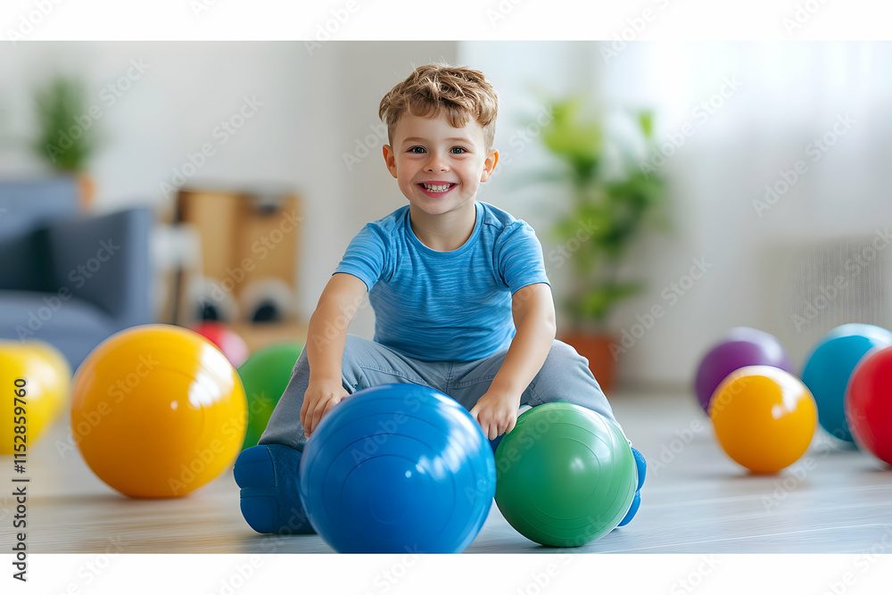 Happy Child Playing with Colorful Exercise Balls, Developing Motor Skills and Coordination Through Playful Activities. Happy Child Playing with Colorful Exercise Balls, Developing Motor Skills and Coordination Through Playful Activities.