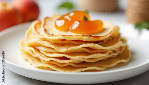 Stack of thin palacinke rolled with apricot jam served on a white plate