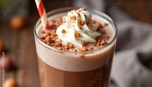 Close-up of a Nutella milkshake topped with crushed hazelnuts and whipped cream