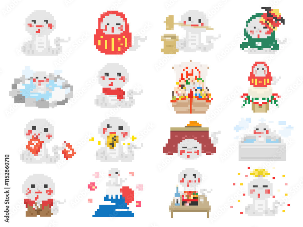 巳年の、白蛇のキャラクターのドット絵のイラストセット 巳年の、白蛇のキャラクターのドット絵のイラストセット