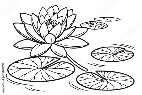 A serene water lily on a pond, surrounded by floating leaves with textured veins decorated for coloring page color white background C.eps