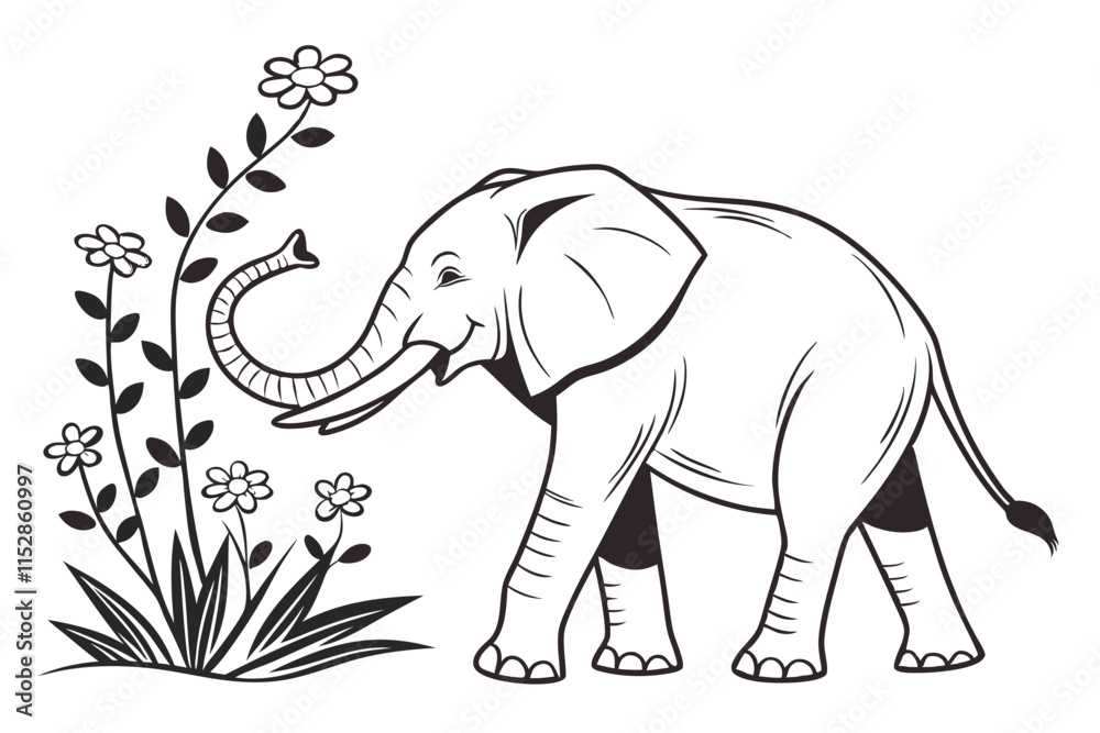 Obraz premium An elephant is bending down to smell the flowers black color line art white background E.eps