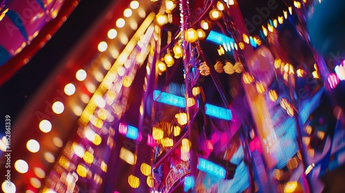 Vibrant carnival lights brighten the night, reflecting joy on faces as guests relish exhilarating rides and delicious snacks at a festive amusement park. photo