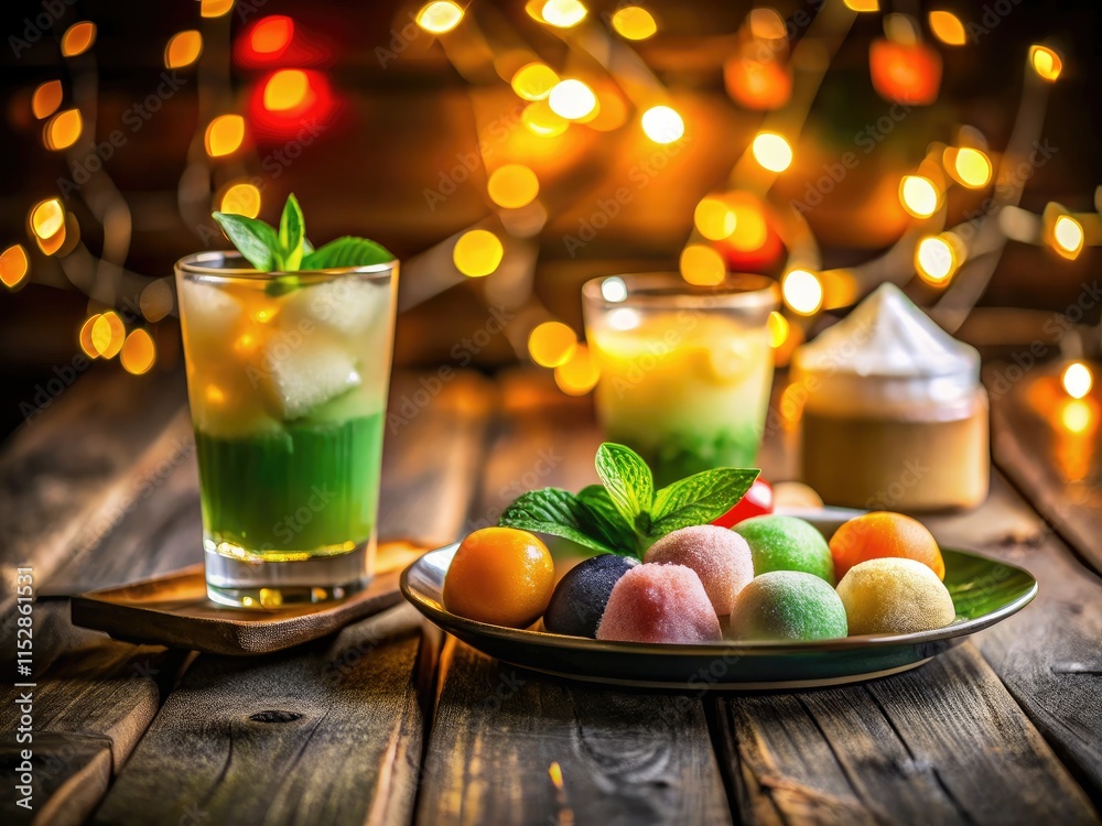 Fototapeta premium Night photography captures the vibrant hues of Thai iced tea, green tea, and delectable mochi.
