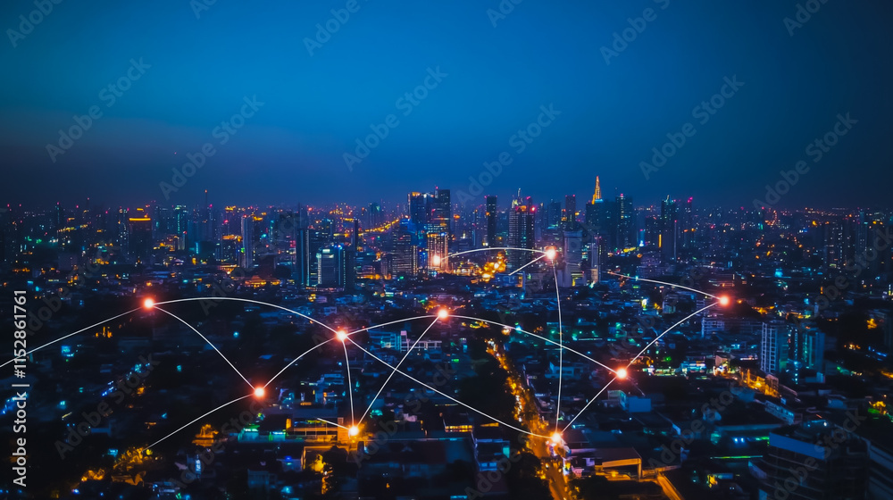Fototapeta premium Smart digital city with connection cyber security network reciprocity over the cityscape . future smart wireless digital city and social media networking systems that connects people within the city