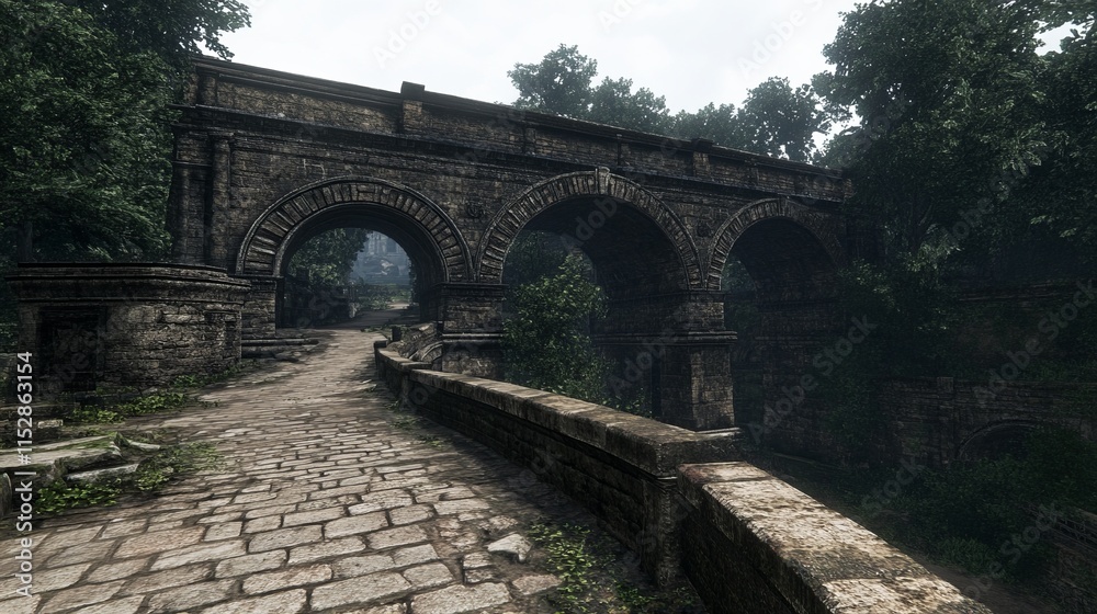 Fototapeta premium Ancient Stone Arch Bridge in a Misty Forest