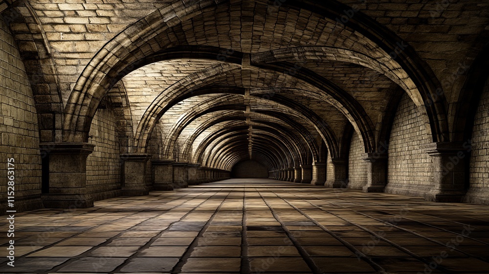 Obraz premium Ancient Stone Archway Corridor, Mysterious Medieval Passageway