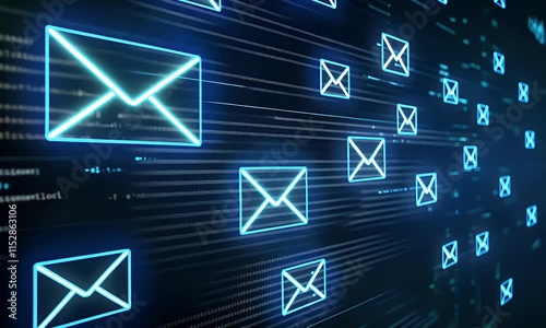 A digital blue glowing envelopes on a dark background animation with, representing fast and modern email marketing. 4k background animation of a digital email icon floating in the air.