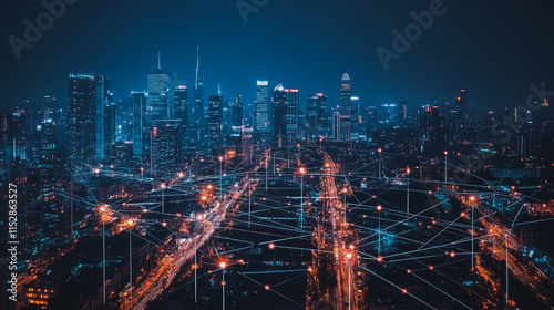 Wallpaper Mural Smart digital city with connection cyber security network reciprocity over the cityscape . future smart wireless digital city and social media networking systems that connects people within the city Torontodigital.ca