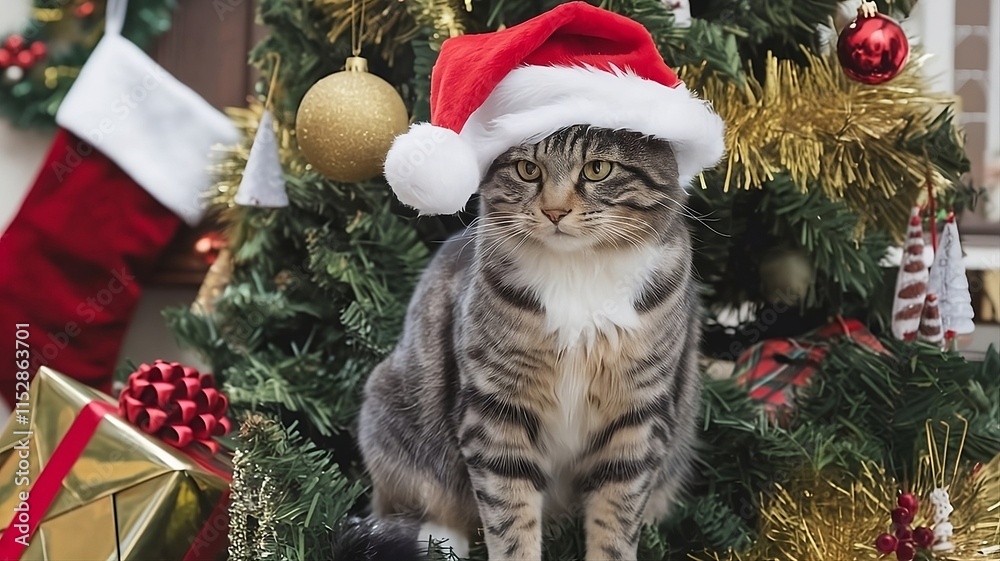 cat in santa claus hat and christmas tree cat in santa claus hat and christmas tree
