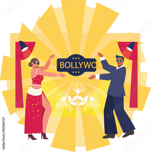 An illustration of a Bollywood party celebration, featuring dancers in bright, traditional outfits performing on a vibrant stage.
