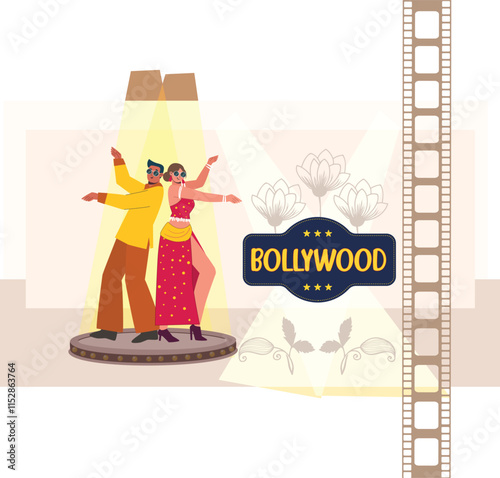An illustration of a traditional Bollywood dance performance, featuring a dancer in vibrant, ornate attire, performing elegant movements on stage.