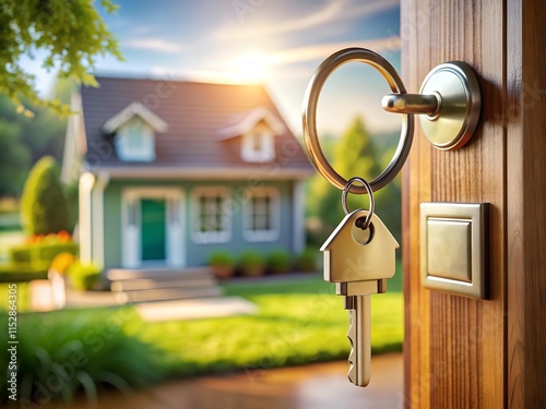 A key hangs from a wooden door as sunlight bathes a charming house in warmth, symbolizing new opportunities and the joys of home ownership in the early morning