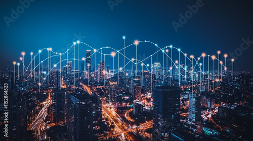 Wallpaper Mural Smart digital city with connection cyber security network reciprocity over the cityscape . future smart wireless digital city and social media networking systems that connects people within the city Torontodigital.ca