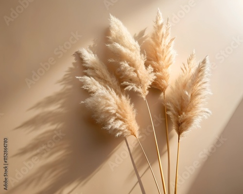 Natural pampas grass stalks gracefully arranged, creating delicate shadows on a soft beige background. The warm hues evoke a calm and inviting atmosphere in interior design