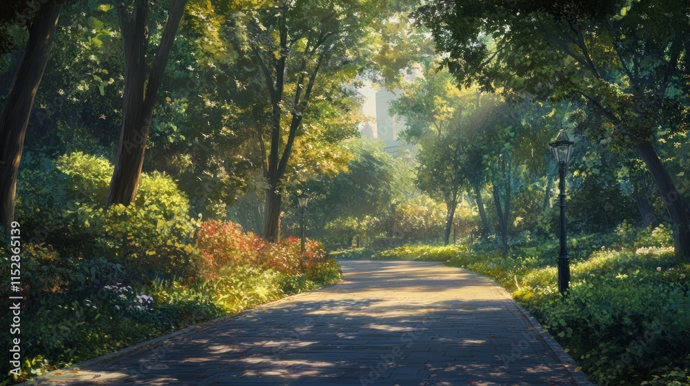 Naklejka premium Serene Morning Stroll: Sunlit Path Through Lush Green Park