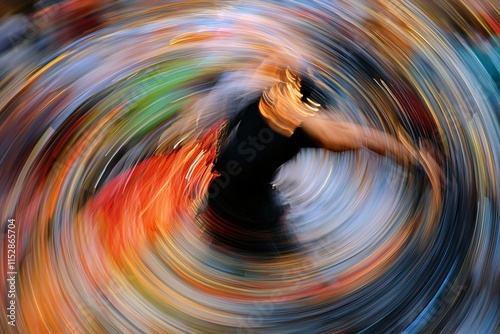 A dynamic motion blur highlights a professional dancer in mid-performance, showcasing their graceful movements against an indistinct backdrop. photo