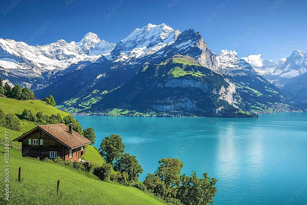 Fototapeta premium Majestic Swiss mountains, with snow-capped peaks set against a clear blue sky, reveal a rugged landscape that beckons adventurers and nature lovers alike.