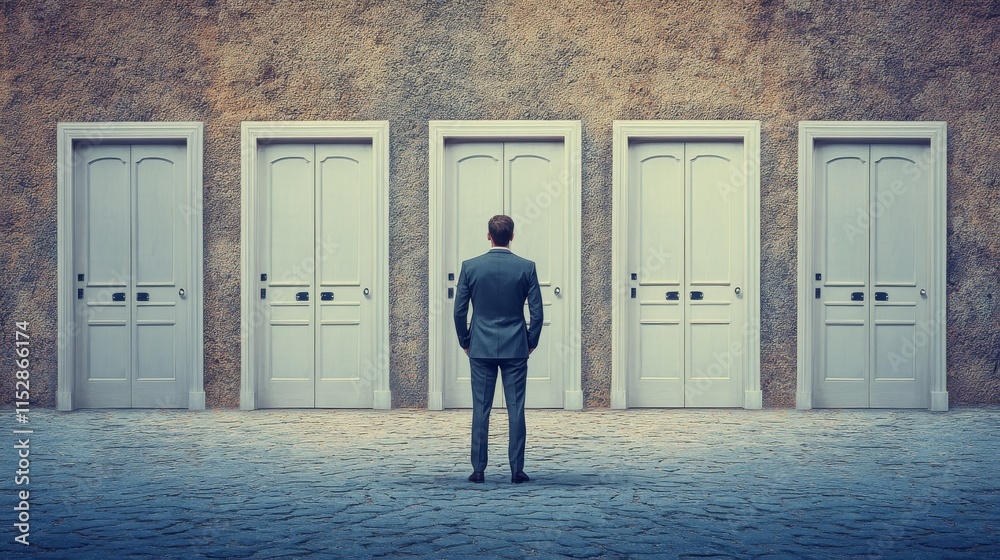 Fototapeta premium Businessman standing in front of opened doors and making decision