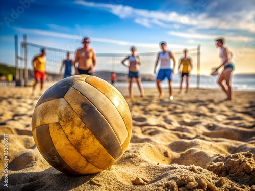 A group of friends enjoys a lively game of beach volleyball as the sun sets over the horizon. Laughter and cheers fill the air while everyone embraces the summer spirit