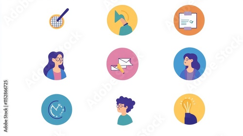 Set of icons of critical thinking process. Problem, thinking, reasoning, analysing, evaluating, problem solving, decision making, solution. Concept of business, self-development and growth. Banner photo